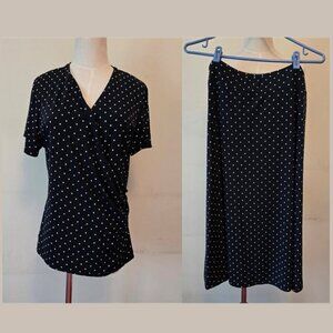 Evan Picone - Vintage Skirt & Top Set in Black with White Polka Dots All Over